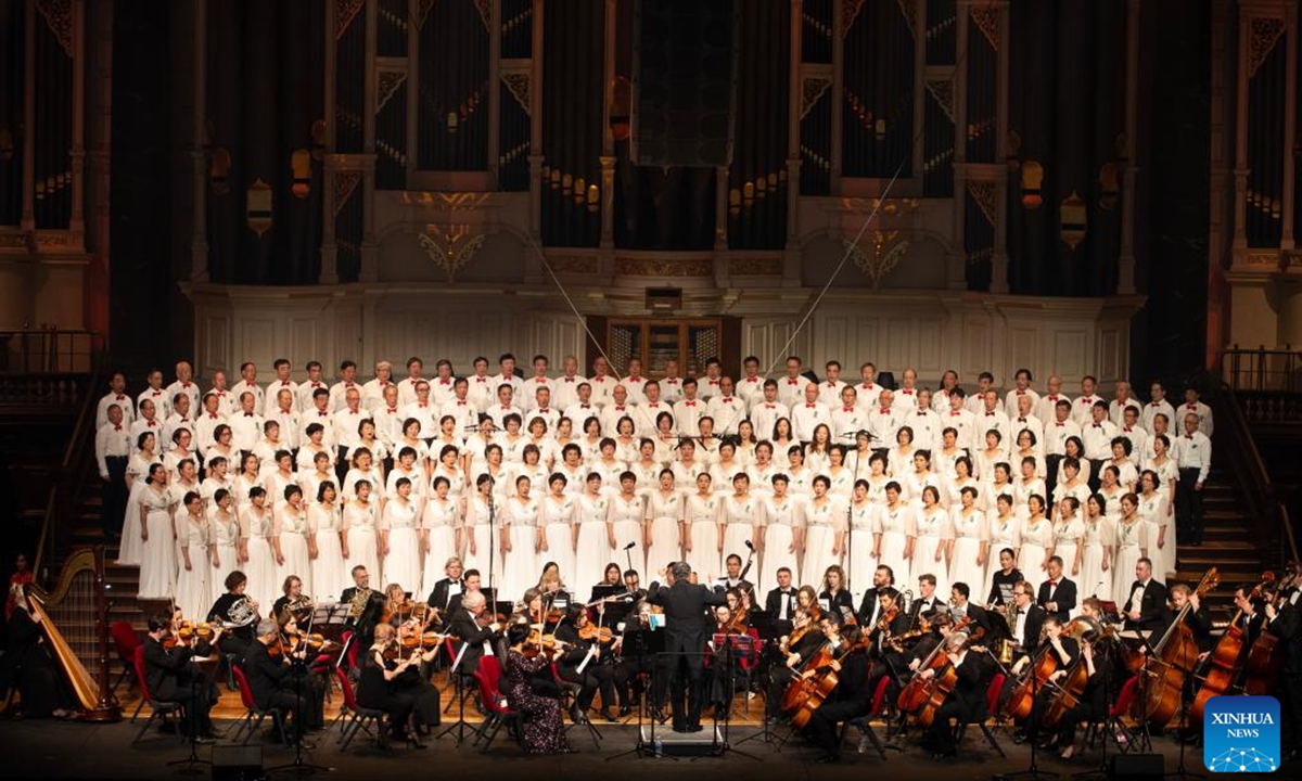 Performers perform during a grand symphonic epic concert, titled Ode to Peace and the Future, at Sydney Town Hall in Sydney, Australia, Aug. 9, 2025. The concert, together with a photo exhibition were held here on Saturday to commemorate the 80th anniversary of the victory of the World Anti-Fascist War.(Xinhua/Ma Ping)