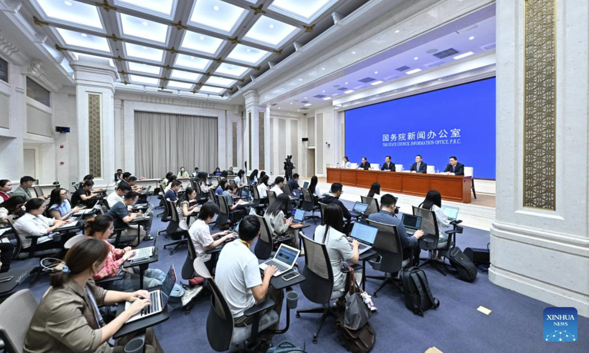Liu Liehong, a member of the Communist Party of China Leadership Group of the National Development and Reform Commission and head of the National Data Administration (NDA), NDA deputy heads Shen Zhulin, Chen Ronghui and Xia Bing attend a press conference held by the State Council Information Office (SCIO) on achievements in Digital China development during the 14th Five-Year Plan period (2021-2025) in Beijing, capital of China, Aug. 14, 2025. (Xinhua/Li Xin)