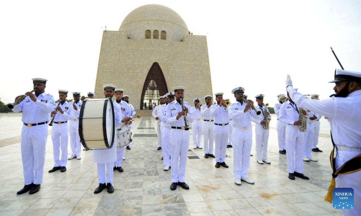 A Pakistani soldier band performs during a ceremony at the mausoleum of Pakistan's founder Muhammad Ali Jinnah to mark the country's Independence Day in southern Pakistani port city of Karachi on Aug. 14, 2025. (Str/Xinhua)