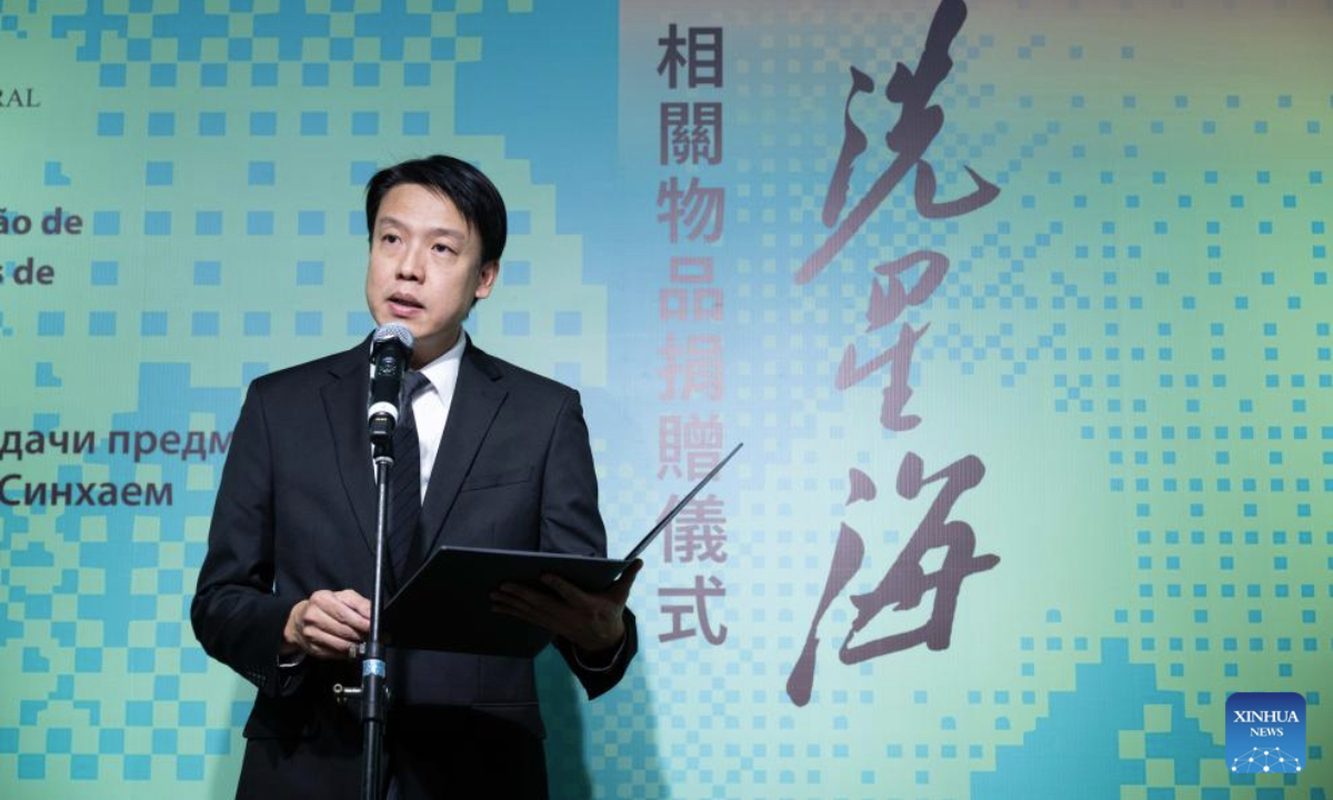 Choi Kin Long, acting president of the Cultural Affairs Bureau (IC) of China's Macao Special Administrative Region (SAR) government, speaks during a donation ceremony held in Macao, south China, Aug. 13, 2025.

The Cultural Affairs Bureau (IC) of China's Macao Special Administrative Region (SAR) government on Wednesday held a donation ceremony for items related to Xian Xinghai, a late Chinese composer remembered by generations. (Xinhua/Cheong Kam Ka)