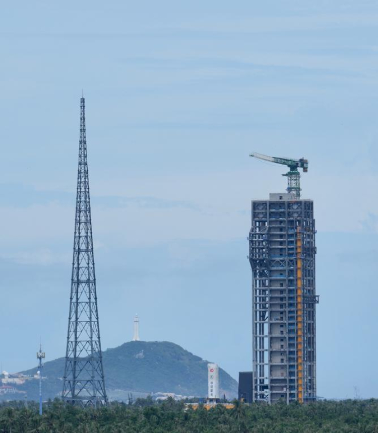 This photo taken on Aug. 15, 2025 shows the static fire test of China's Long March-10 carrier rocket at the Wenchang Spacecraft Launch Site in south China's Hainan Province. China's Long March-10 carrier rocket, the country's new-generation manned launch vehicle, has successfully completed the first static fire test here on Friday, the China Manned Space Agency has announced. 
