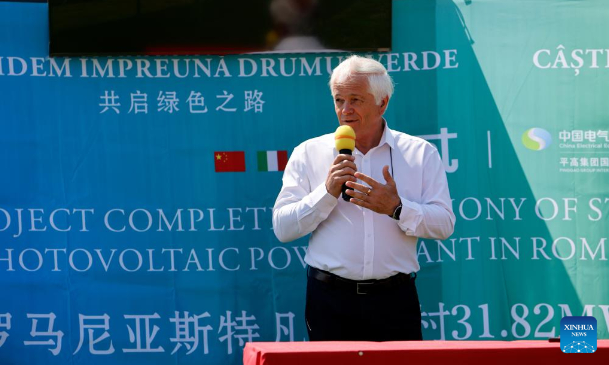 Nicolae Pandea, mayor of Stefan cel Mare commune, speaks during the completion ceremony of a 31.82-megawatt photovoltaic power station in Stefan cel Mare, Calarasi County, Romania, Aug. 12, 2025. (Photo by Cristian Cristel/Xinhua)