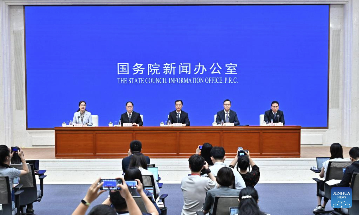 Liu Liehong, a member of the Communist Party of China Leadership Group of the National Development and Reform Commission and head of the National Data Administration (NDA), NDA deputy heads Shen Zhulin, Chen Ronghui and Xia Bing attend a press conference held by the State Council Information Office (SCIO) on achievements in Digital China development during the 14th Five-Year Plan period (2021-2025) in Beijing, capital of China, Aug. 14, 2025. (Xinhua/Li Xin)