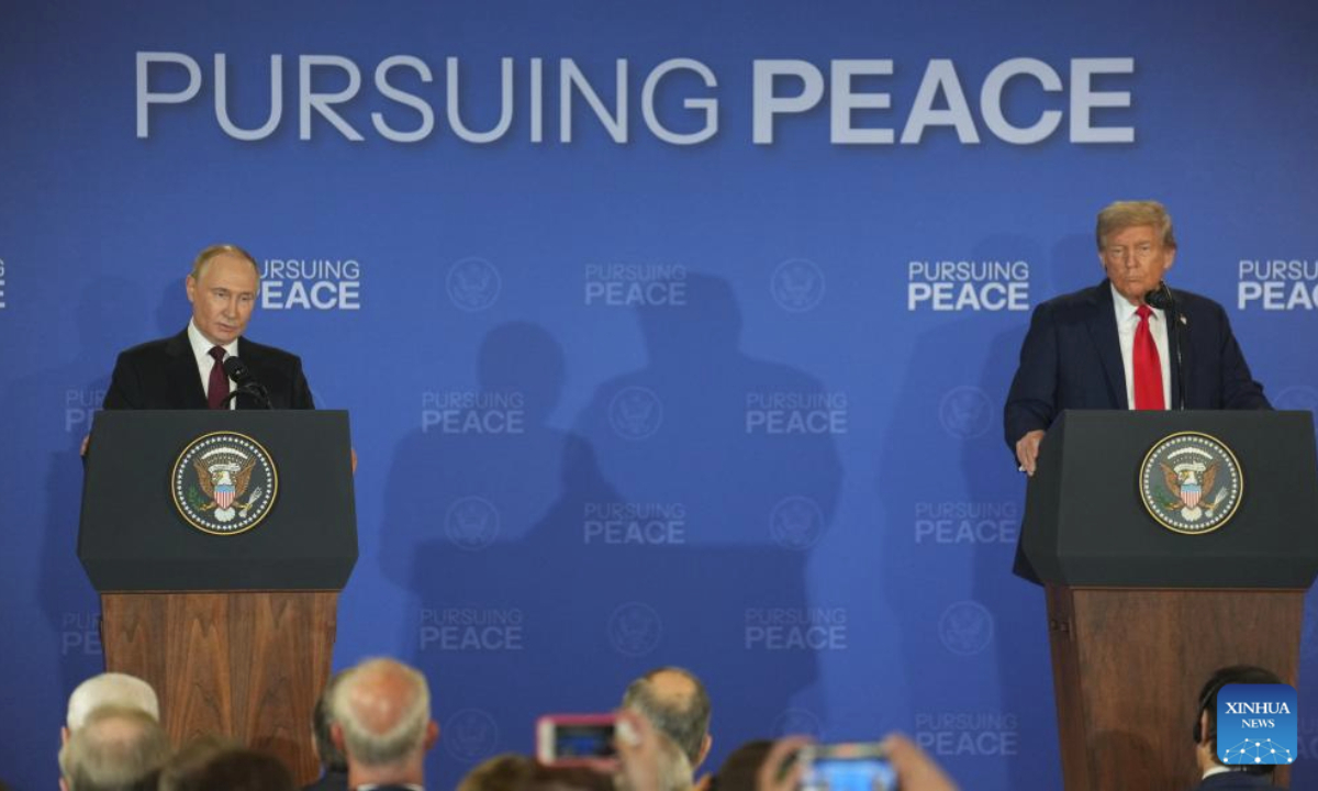 U.S. President Donald Trump (R) and Russian President Vladimir Putin attend a joint press conference after concluding their talks in Anchorage, Alaska, the United States, on Aug. 15, 2025.The talks, held at Joint Base Elmendorf-Richardson in the city of Anchorage, lasted about three hours. (Xinhua/Wu Xiaoling)