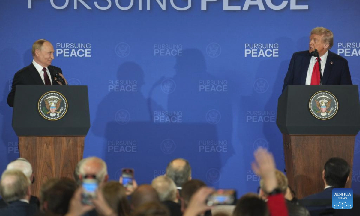 U.S. President Donald Trump (R) and Russian President Vladimir Putin attend a joint press conference after concluding their talks in Anchorage, Alaska, the United States, on Aug. 15, 2025. (Xinhua/Wu Xiaoling)