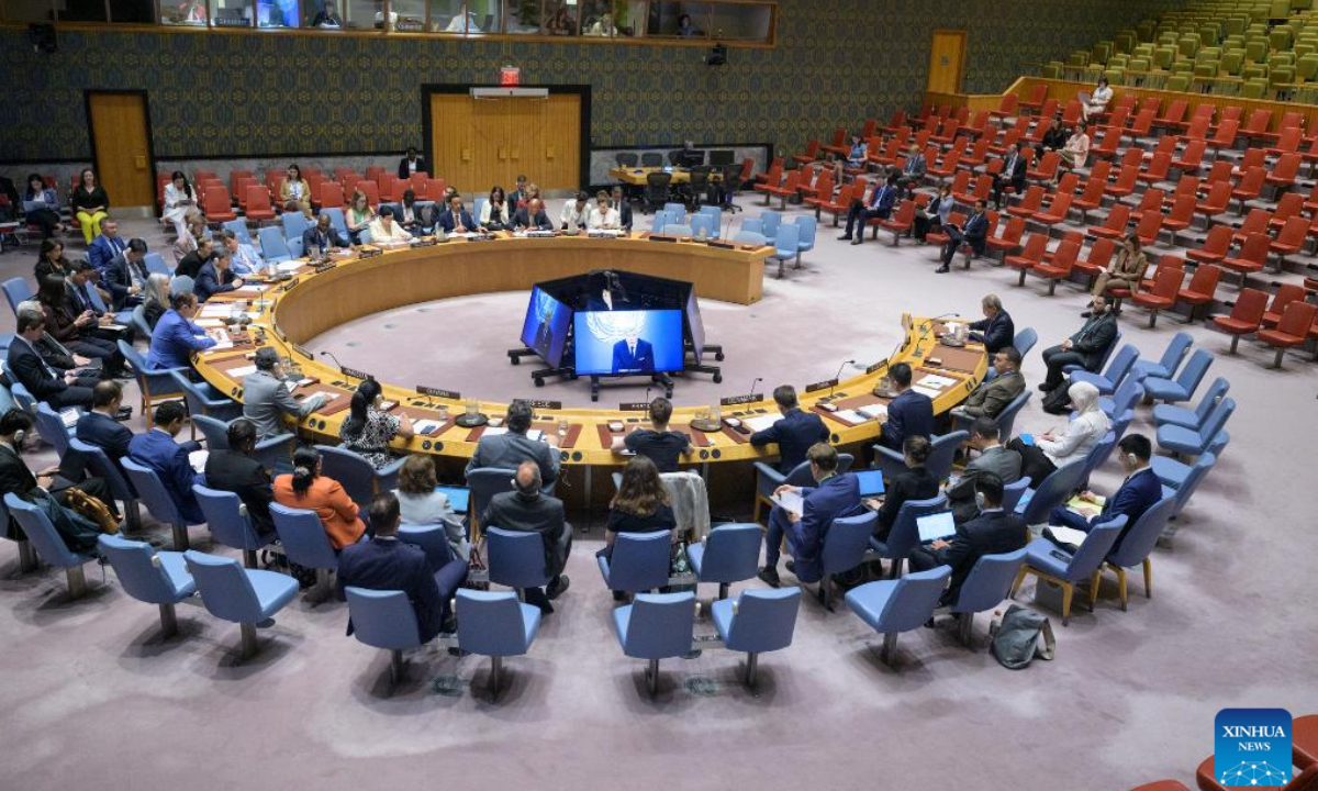 UN Special Envoy for Yemen Hans Grundberg (on screens) speaks via a video link at a Security Council meeting at the UN headquarters in New York, on Aug. 12, 2025. Grundberg said Tuesday that Yemen must not be drawn further into the regional turmoil, including the war in Gaza. (Manuel Elias/UN Photo/Handout via Xinhua)