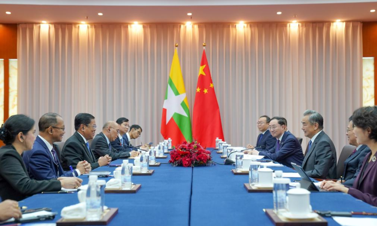 Chinese Foreign Minister Wang Yi, also a member of the Political Bureau of the Communist Party of China Central Committee, meets with Myanmar's Union Minister for Foreign Affairs U Than Swe, who is in China for the tenth Lancang-Mekong Cooperation (LMC) Foreign Ministers' Meeting, in Anning, southwest China's Yunnan Province, Aug. 14, 2025. (Xinhua/Peng Yikai)