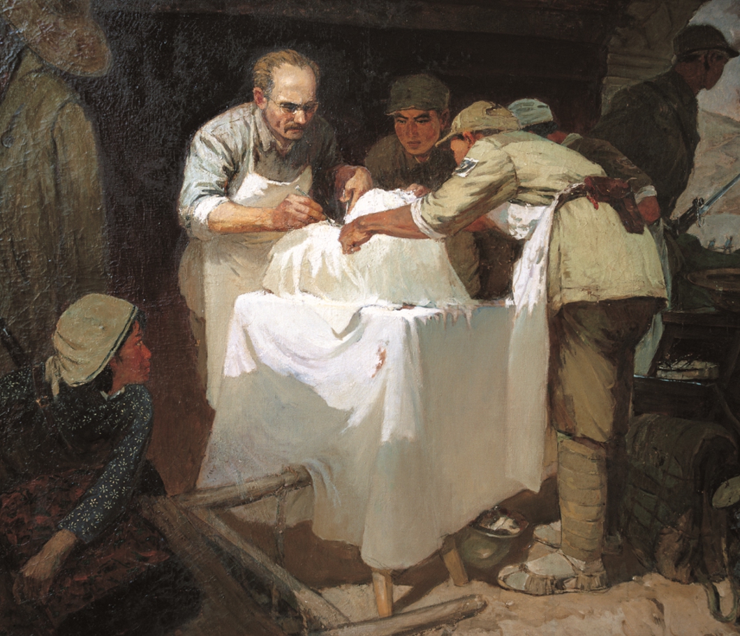A painting depicting Norman Bethune treating Eighth Route Army soldiers, on display at the exhibition at Beijing's Imperial Ancestral Temple Photo: Courtesy of Xiao Ge