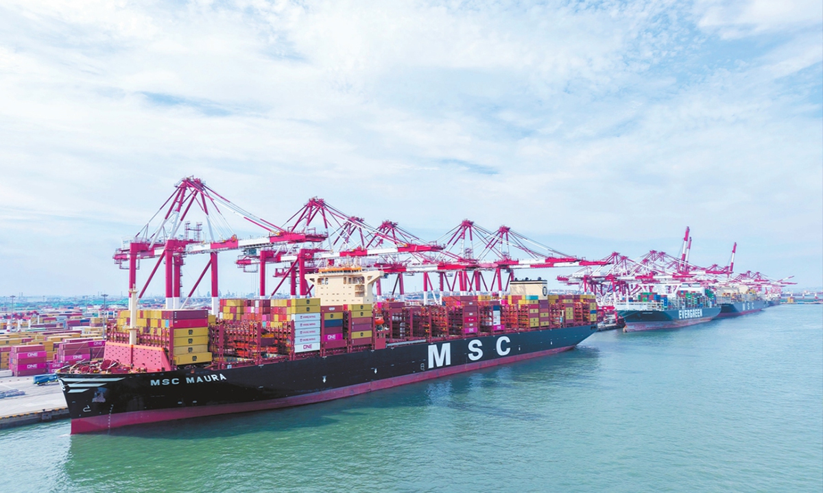 Cargo ships handle foreign trade containers at Qingdao Port in East China's Shandong Province on June 20, 2025. Photo: VCG