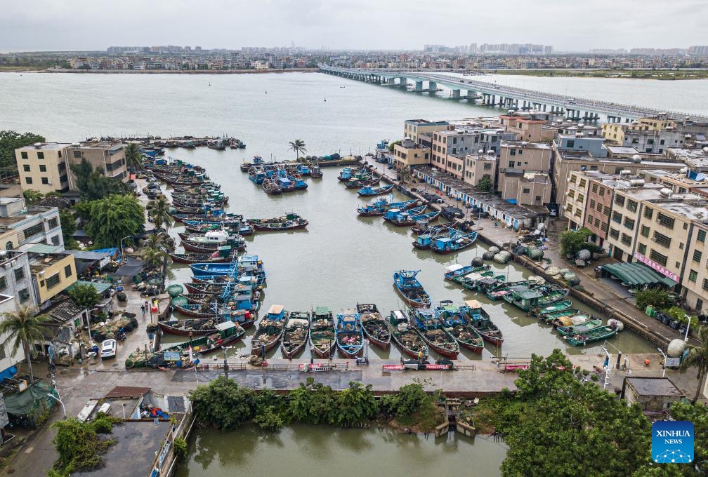 An aerial drone photo taken on Aug. 16, 2025 shows fishing vessels temporarily delayed from setting sail due to tropical depression at a port in Haikou, south China's Hainan Province. The three-and-a-half-month summer fishing moratorium in the South China Sea concluded at noon on Saturday. To ensure safety amid an ongoing tropical depression, the Hainan Provincial Department of Agriculture and Rural Affairs issued a notice urging fishermen to temporarily suspend fishing activities and to keep their vessels safely sheltered in port. (Xinhua/Pu Xiaoxu)