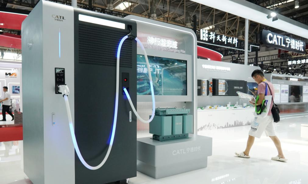 A Shenxing ultra-fast charging pile is pictured at the booth of Contemporary Amperex Technology (CATL) in the Smart Vehicle Chain area of the third China International Supply Chain Expo (CISCE) in Beijing, capital of China, July 18, 2025.  (Xinhua/Zhang Chenlin)