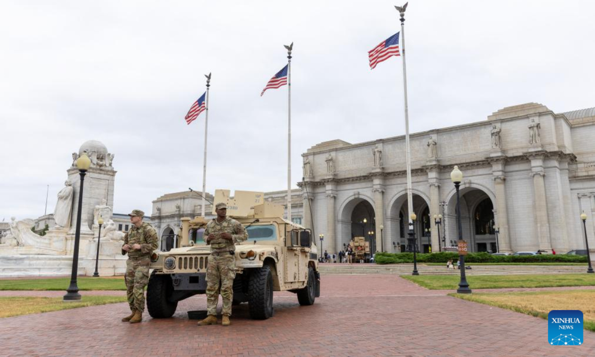 Members of the National Guard patrol outside Union Station in Washington, D.C., the United States, on Aug. 19, 2025. The U.S. state of Tennessee announced Tuesday that it is sending around 160 National Guard troops to Washington, D.C., after U.S. President Donald Trump asserted that crime and homelessness have been out of control in the nation's capital. (Xinhua/Hu Yousong)