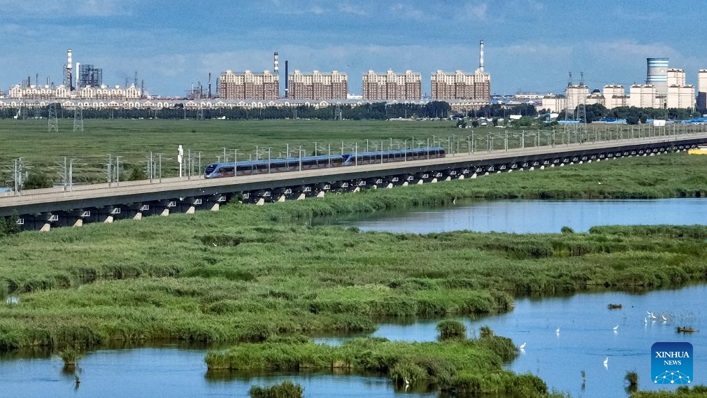 This drone photo taken on Aug. 17, 2025 shows a high-speed train running along the Harbin-Qiqihar railway. On Aug. 17, 2015, the Harbin-Qiqihar railway, Heilongjiang's first high-speed railway, from the provincial capital Harbin to Qiqihar City, was put into operation and became China's northernmost of its kind in operation in the northeastern province of China. (Photo by Yuan Yong/Xinhua)