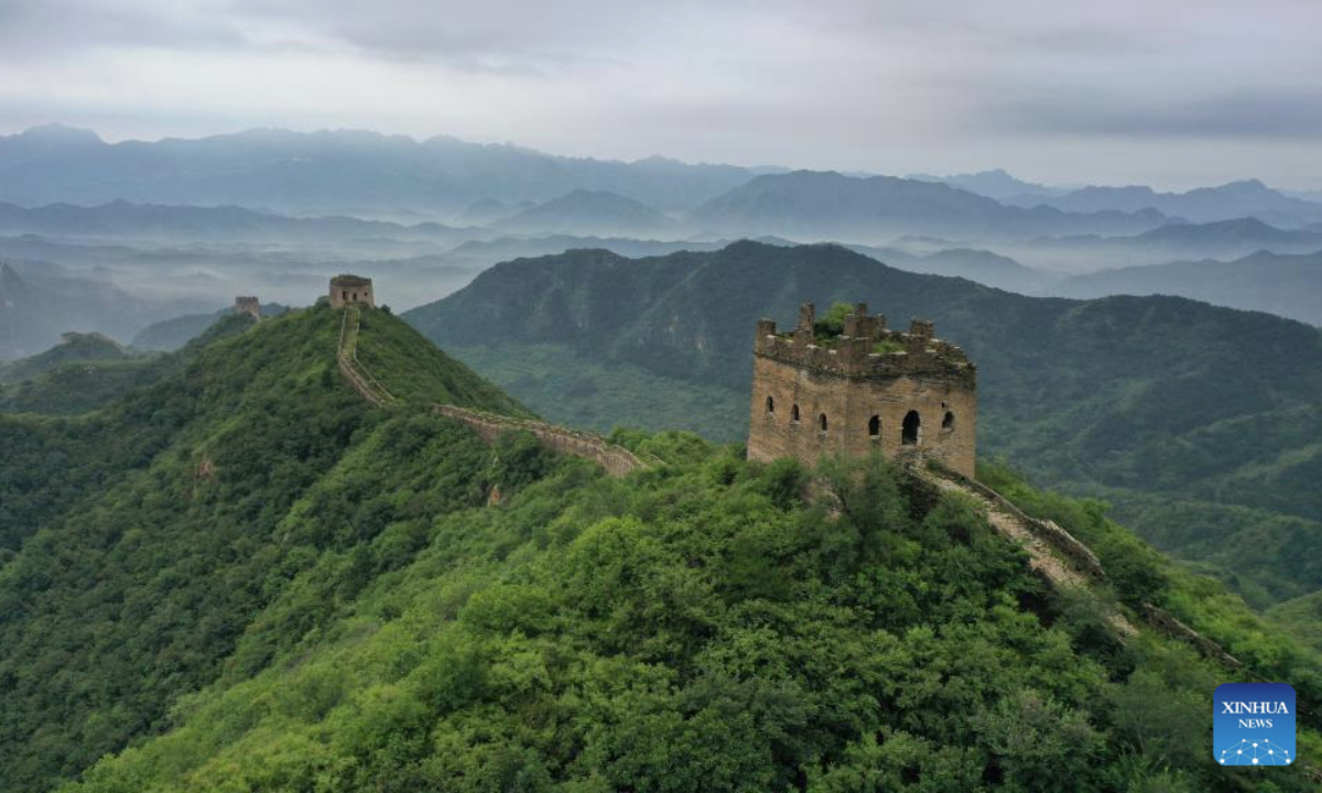 An aerial drone photo taken on Aug. 18, 2025 shows the scenery of the Simatai section of the Great Wall in Beijing, capital of China. (Photo by Zhou Wanping/Xinhua)