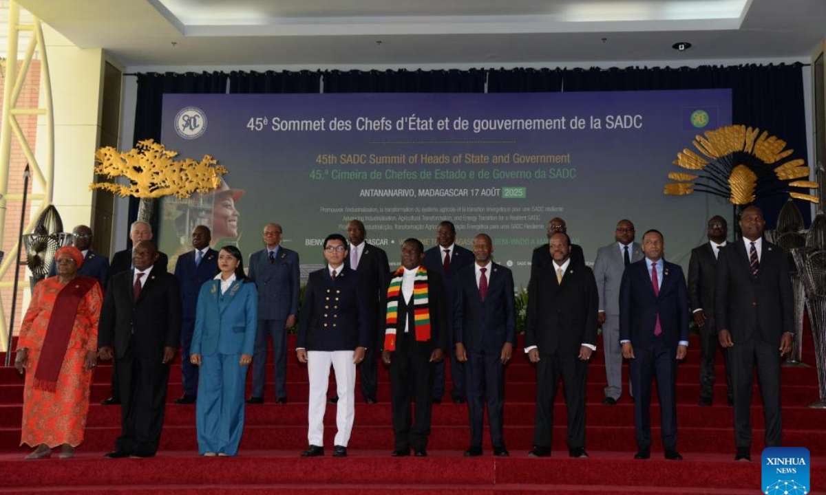 Participants pose for a group photo during the 45th Ordinary Summit of the Southern African Development Community (SADC) Heads of State and Government in Antananarivo, capital of Madagascar, Aug. 17, 2025. The 45th Ordinary Summit of the SADC Heads of State and Government opened in Antananarivo, capital of Madagascar, on Sunday, with regional leaders urging stronger industrial capacity and modernized agriculture to drive integration. (Photo by Sitraka Rajaonarison/Xinhua)
