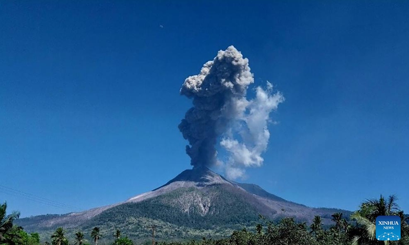 This photo provided by the Volcanology and Geological Disaster Mitigation Center (PVMBG) of Indonesia shows volcanic materials spewing from Mount Lewotobi Laki-Laki in Indonesia's East Nusa Tenggara province, Oct. 1, 2025. Mount Lewotobi Laki-laki volcano in Indonesia's East Nusa Tenggara province erupted on Wednesday, spewing a column of ash up to 5 km high and prompting the highest aviation alert, the country's Volcanology and Geological Disaster Mitigation Center said.

The volcano, located on Flores Island, sent thick gray ash clouds drifting to the west and northwest of the crater. (PVMBG/Handout via Xinhua)