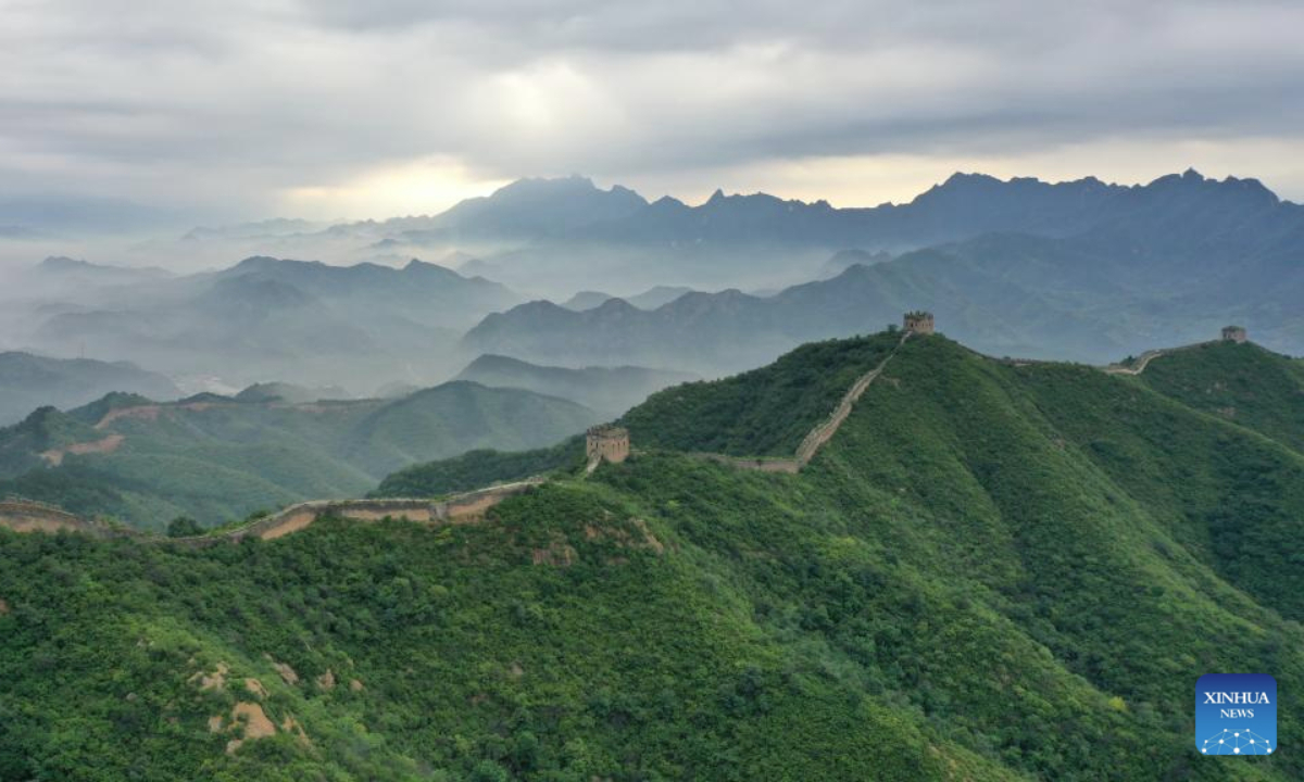 An aerial drone photo taken on Aug. 18, 2025 shows the scenery of the Simatai section of the Great Wall in Beijing, capital of China. (Photo by Zhou Wanping/Xinhua)