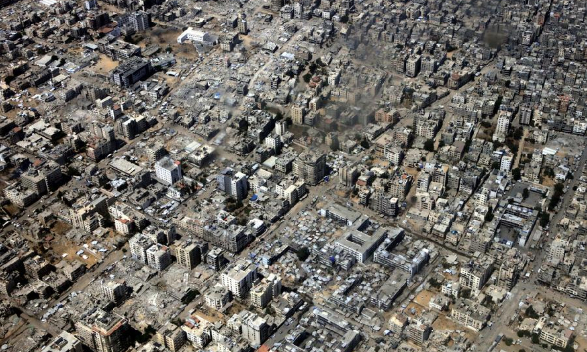 This photo taken from a Royal Jordanian Air Force airplane shows a view of the Gaza Strip on Aug. 17, 2025. (Photo by Mohammad Abu Ghosh/Xinhua)