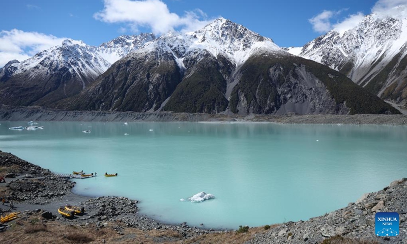 This photo taken on Oct. 1, 2025 shows a lake at the Aoraki/Mount Cook National Park in the South Island of New Zealand. Integrating a variety of landscapes including snowy mountains, glaciers, and lakes, the Aoraki/Mount Cook National Park draws numerous tourists to visit with its spectacular scenery. (Xinhua/Long Lei)