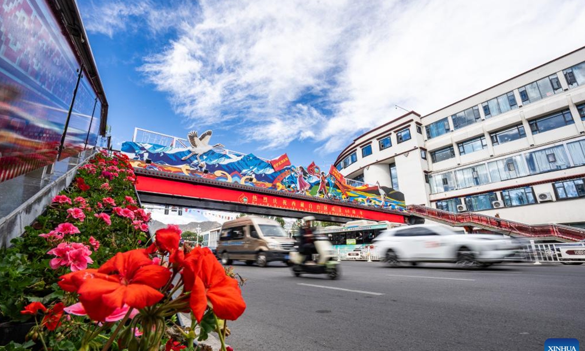 This photo taken on Aug. 19, 2025 shows a street view in Lhasa, southwest China's Xizang Autonomous Region. The streets of Lhasa are adorned with lanterns and decorations in celebration of the 60th founding anniversary of Xizang Autonomous Region. (Xinhua/Tenzin Nyida)
