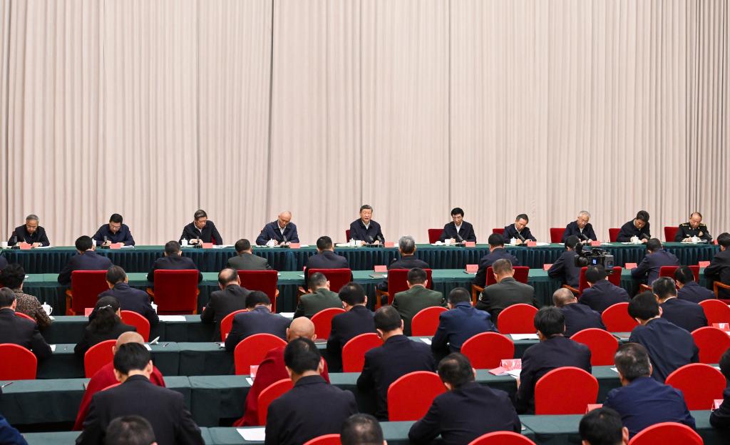 Chinese President Xi Jinping, also general secretary of the Communist Party of China (CPC) Central Committee and chairman of the Central Military Commission, listens to work reports from the CPC Xizang regional committee and the regional government and delivers an important speech in Lhasa, southwest China's Xizang Autonomous Region, Aug. 20, 2025. Xi, who leads a central delegation, arrived in Lhasa, capital of Xizang, on Wednesday to attend activities in celebration of the region's 60th founding anniversary. (Xinhua/Xie Huanchi)