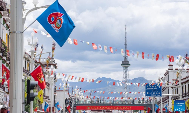 This photo taken on Aug. 19, 2025 shows decorations on a street in Lhasa, southwest China's Xizang Autonomous Region. The streets of Lhasa are adorned with lanterns and decorations in celebration of the 60th founding anniversary of Xizang Autonomous Region. (Xinhua/Tenzin Nyida)