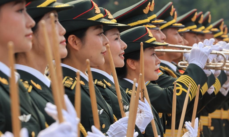 Members of the joint military band of the Chinese People's Liberation Army take part in a training for the upcoming V-Day military parade in Beijing, capital of China, Aug. 12, 2025. Participants are busy preparing for the upcoming V-Day military parade scheduled on Sept. 3 in Tian'anmen Square to mark the 80th anniversary of the victory in the Chinese People's War of Resistance Against Japanese Aggression and the World Anti-Fascist War. (Photo: Xinhua)