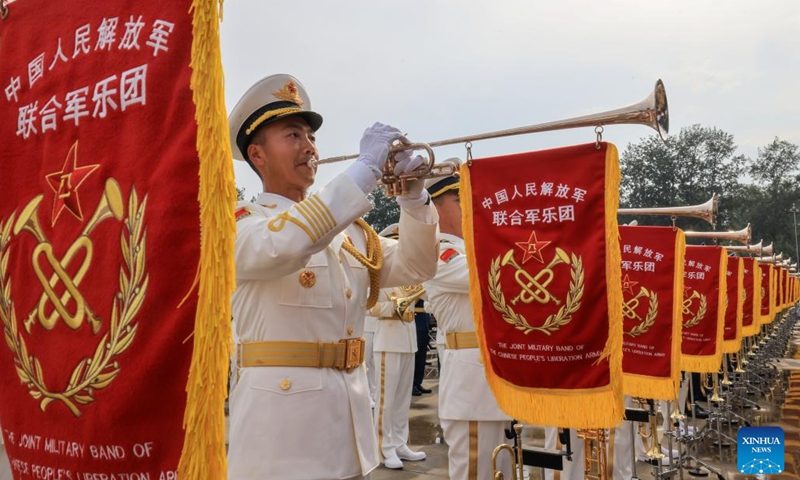 Members of the joint military band of the Chinese People's Liberation Army take part in a training for the upcoming V-Day military parade in Beijing, capital of China, Aug. 12, 2025. Participants are busy preparing for the upcoming V-Day military parade scheduled on Sept. 3 in Tian'anmen Square to mark the 80th anniversary of the victory in the Chinese People's War of Resistance Against Japanese Aggression and the World Anti-Fascist War.(Photo: Xinhua)