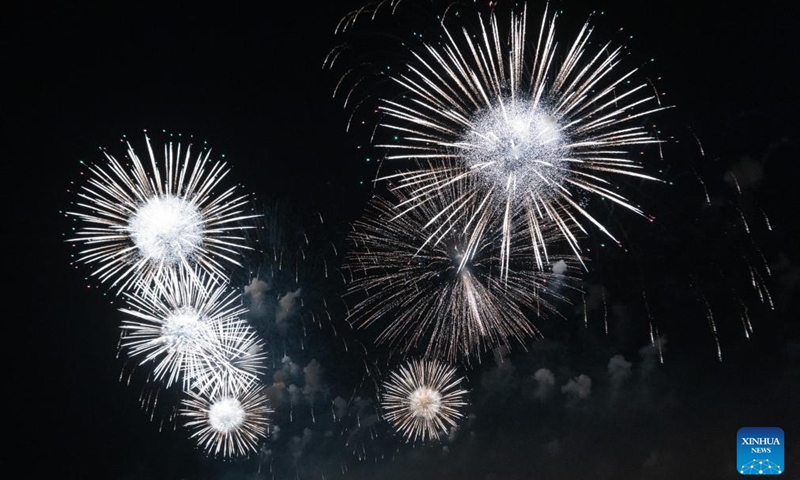 Fireworks in celebration of Hungary's National Day are seen over Danube River in downtown Budapest, Hungary, on Aug. 20, 2025. (Photo by Attila Volgyi/Xinhua)
