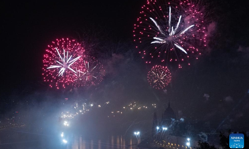 Fireworks in celebration of Hungary's National Day are seen over Danube River in downtown Budapest, Hungary, on Aug. 20, 2025. (Photo by Attila Volgyi/Xinhua)