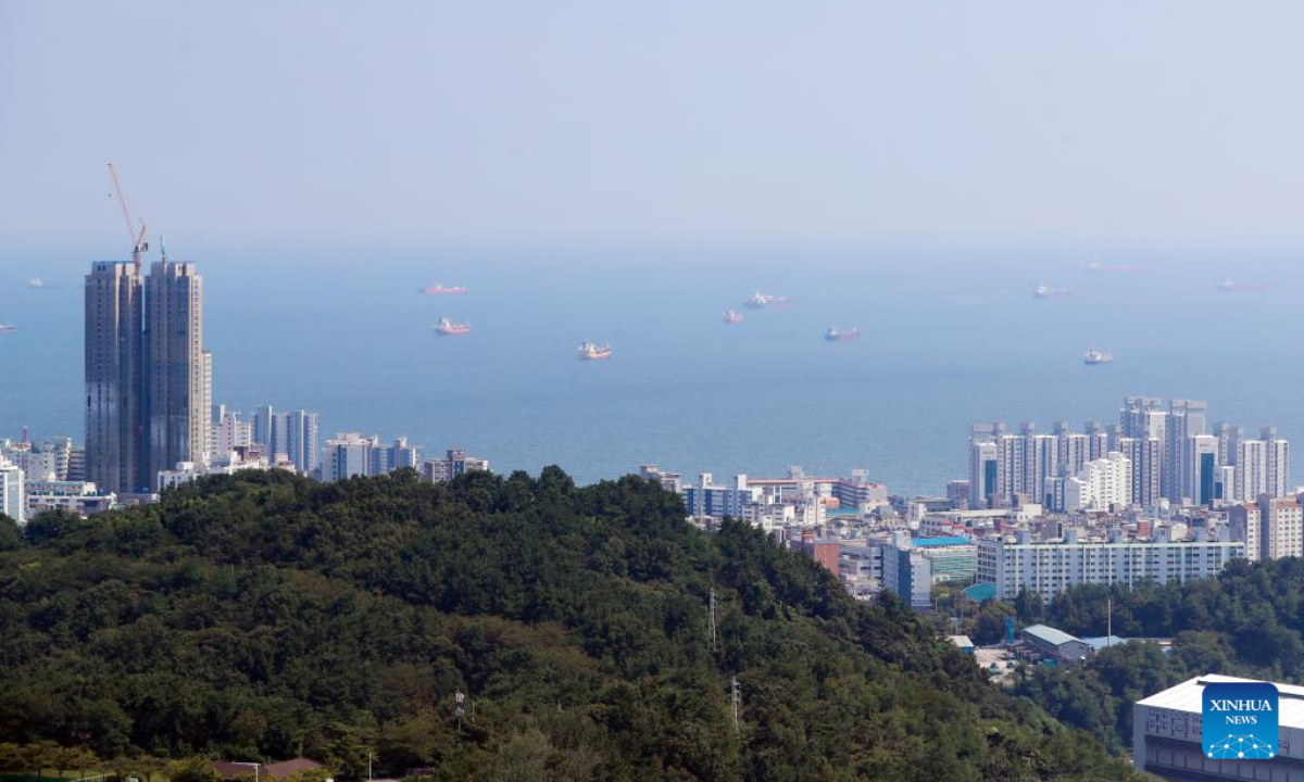 This photo taken on Aug. 23, 2025 shows a sea view of Ulsan, South Korea. Ulsan, located in southeastern South Korea, has a population of over one million and is a renowned port city. (Xinhua/Yao Qilin)