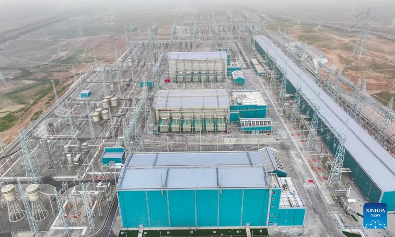 An aerial drone photo taken on Aug. 20, 2025 shows the Zhongning converter station, the sending end of the Ningxia-Hunan ±800 kV ultra-high voltage (UHV) direct current transmission project in Zhongwei City, northwest China's Ningxia Hui Autonomous Region.