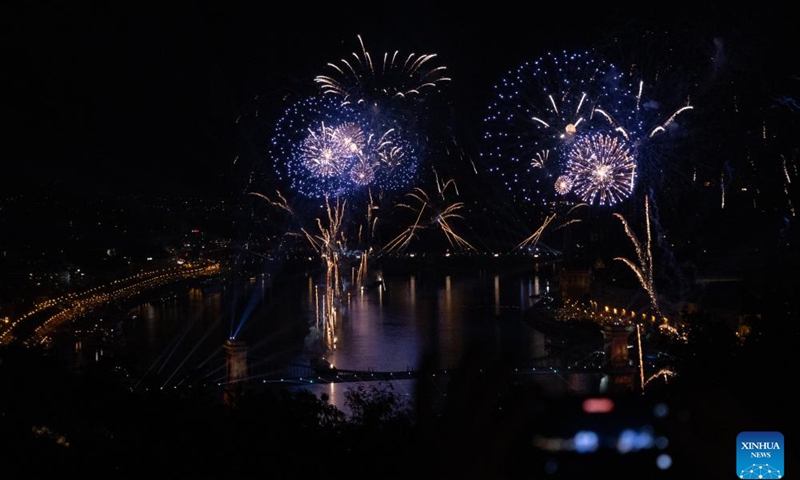 Fireworks in celebration of Hungary's National Day are seen over Danube River in downtown Budapest, Hungary, on Aug. 20, 2025. (Photo by Attila Volgyi/Xinhua)