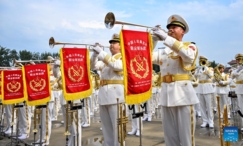 Members of the joint military band of the Chinese People's Liberation Army take part in a training for the upcoming V-Day military parade in Beijing, capital of China, Aug. 12, 2025. Participants are busy preparing for the upcoming V-Day military parade scheduled on Sept. 3 in Tian'anmen Square to mark the 80th anniversary of the victory in the Chinese People's War of Resistance Against Japanese Aggression and the World Anti-Fascist War. (Photo: Xinhua)