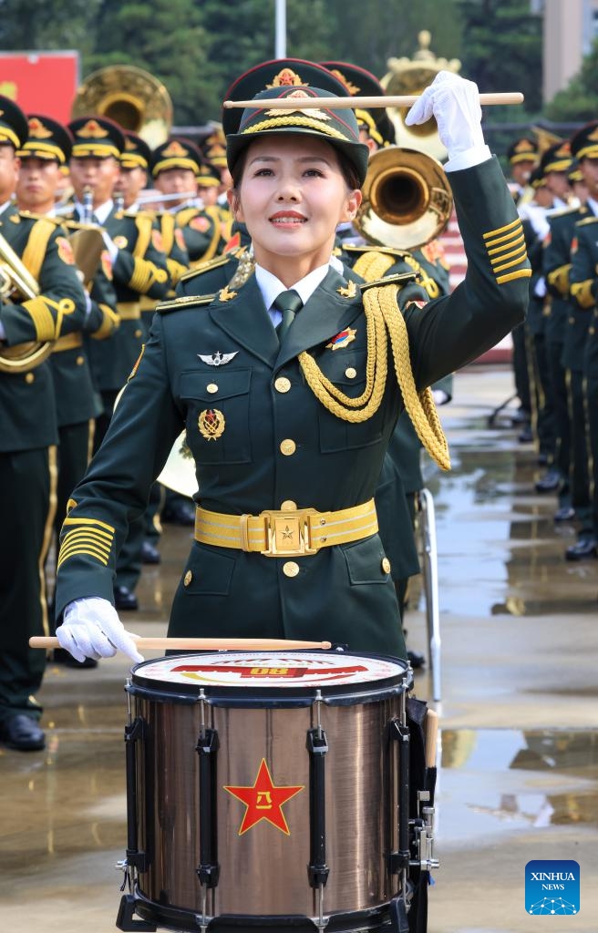 Members of the joint military band of the Chinese People's Liberation Army take part in a training for the upcoming V-Day military parade in Beijing, capital of China, Aug. 12, 2025. Participants are busy preparing for the upcoming V-Day military parade scheduled on Sept. 3 in Tian'anmen Square to mark the 80th anniversary of the victory in the Chinese People's War of Resistance Against Japanese Aggression and the World Anti-Fascist War.(Photo: Xinhua)