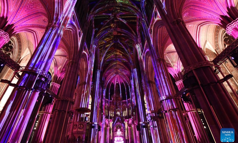 This photo taken on Aug. 20, 2025 shows a view of Light of Creation lightshow at Votivkirche in Vienna, Austria.