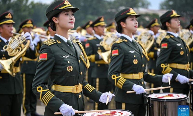 Members of the joint military band of the Chinese People's Liberation Army take part in a training for the upcoming V-Day military parade in Beijing, capital of China, Aug. 12, 2025. Participants are busy preparing for the upcoming V-Day military parade scheduled on Sept. 3 in Tian'anmen Square to mark the 80th anniversary of the victory in the Chinese People's War of Resistance Against Japanese Aggression and the World Anti-Fascist War. (Photo: Xinhua)