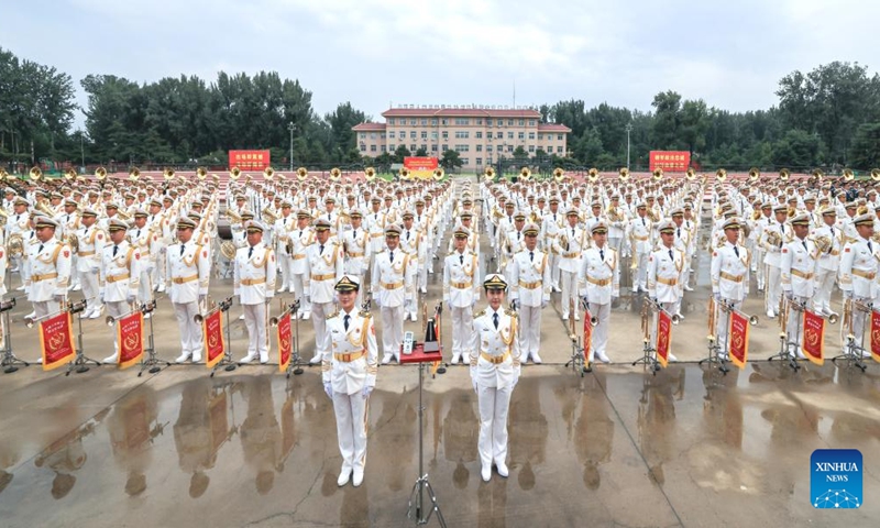 Members of the joint military band of the Chinese People's Liberation Army take part in a training for the upcoming V-Day military parade in Beijing, capital of China, Aug. 12, 2025. Participants are busy preparing for the upcoming V-Day military parade scheduled on Sept. 3 in Tian'anmen Square to mark the 80th anniversary of the victory in the Chinese People's War of Resistance Against Japanese Aggression and the World Anti-Fascist War. (Photo: Xinhua)