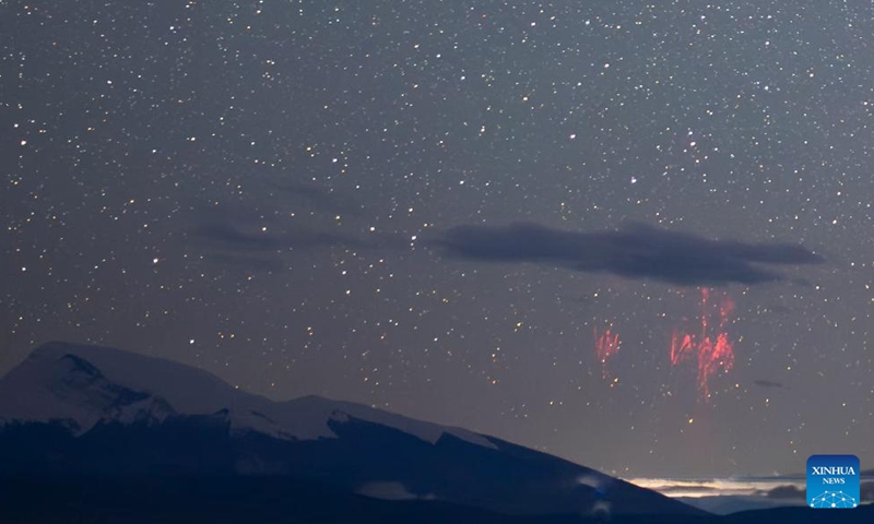 This photo taken on Aug. 21, 2025 shows a rare red lightning phenomenon known as red sprites captured near Mount Kangrinboqe, a sacred site for followers of Hinduism and Buddhism located at an elevation of 6,656 meters in southwest China's Xizang Autonomous Region. Photo: Xinhua