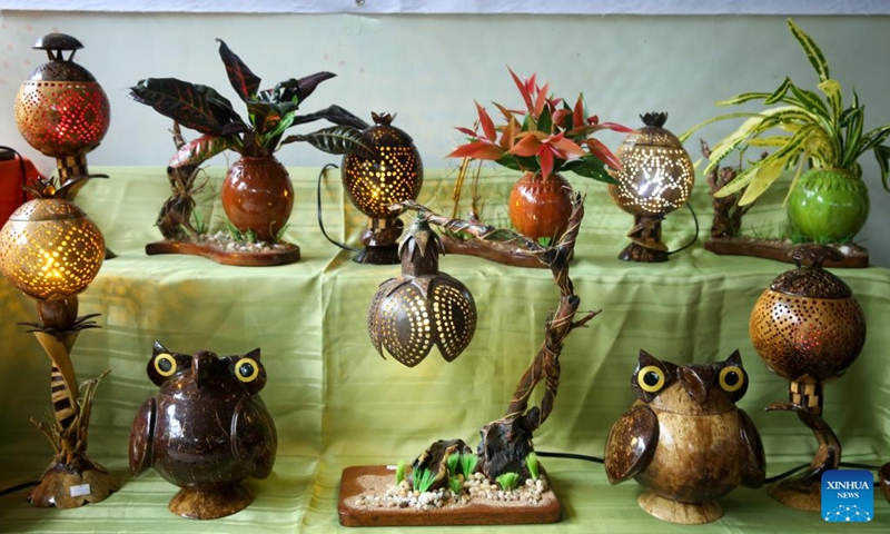 Coconut shell-based handicrafts are pictured at a workshop in Yangon, Myanmar, Aug. 19, 2025. (Xinhua/Myo Kyaw Soe)