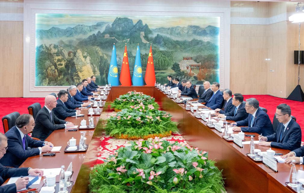 Chinese President Xi Jinping meets with Kazakh President Kassym-Jomart Tokayev in Tianjin, north China, Aug. 30, 2025. Tokayev is in China to attend the Shanghai Cooperation Organization (SCO) Summit 2025, as well as commemorations marking the 80th anniversary of the victory in the Chinese People's War of Resistance against Japanese Aggression and the World Anti-Fascist War. (Xinhua/Zhai Jianlan)