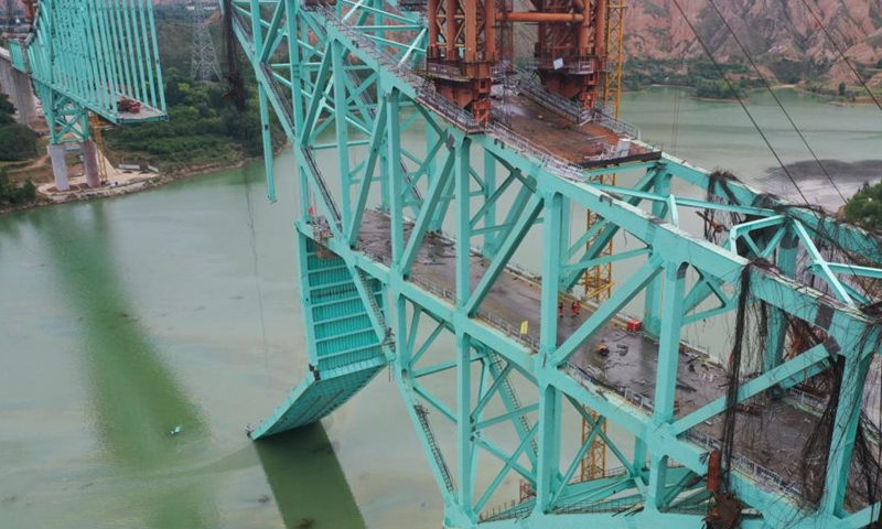 An aerial drone photo shows the site of a bridge construction accident on the Qinghai section of the Sichuan-Qinghai Railway in northwest China's Qinghai Province, Aug. 22, 2025. (Xinhua/Zhou Shengsheng)