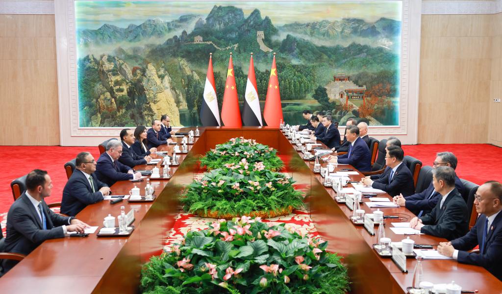 Chinese President Xi Jinping meets with Prime Minister of Egypt Mostafa Madbouly in Tianjin, north China, Aug. 30, 2025. Madbouly is here to attend the Shanghai Cooperation Organization (SCO) Summit 2025. (Xinhua/Ding Haitao)