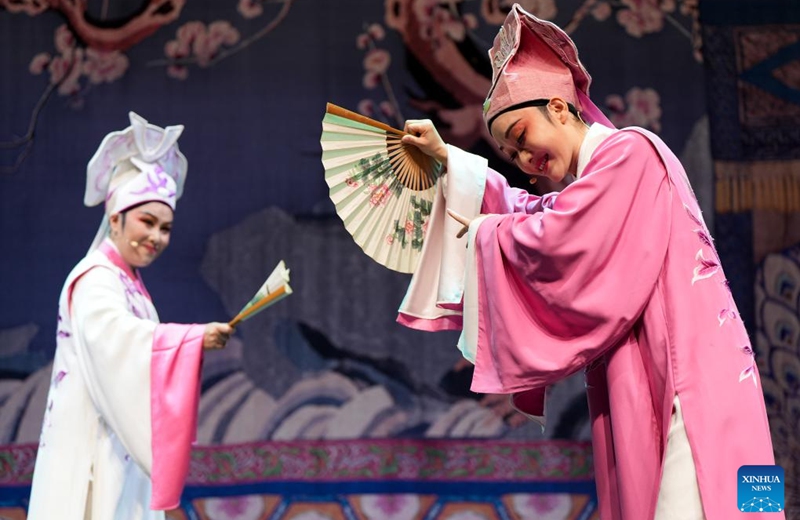 Artists of the Xiaobaihua Yue Opera Troupe from east China's Zhejiang Province perform an excerpt from The Butterfly Lovers at Shaw Theatre in London, Britain, on Aug. 21, 2025. Photo: Xinhua