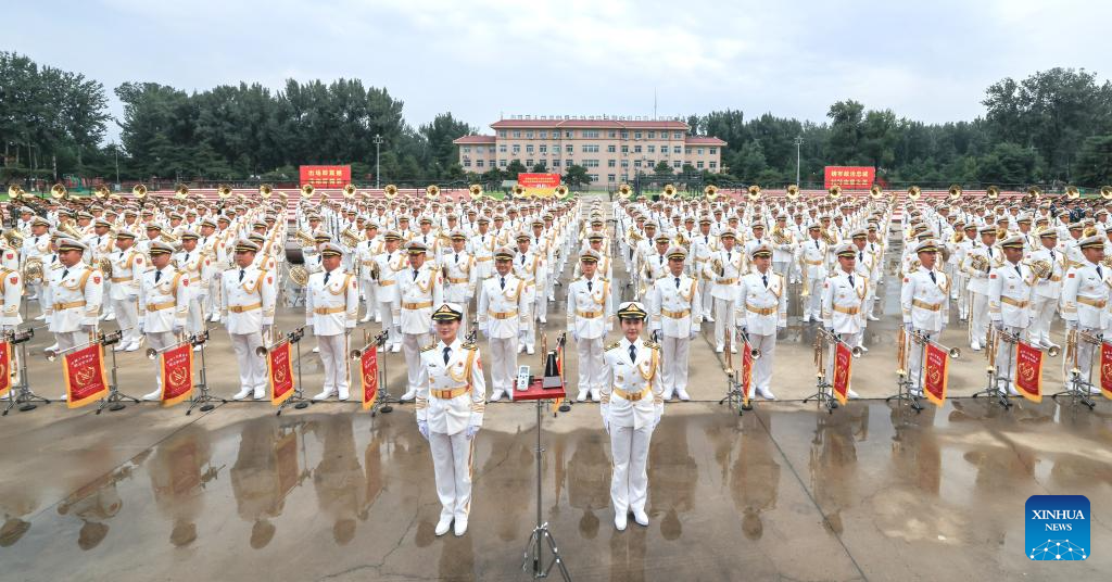 Members of the joint military band of the Chinese People's Liberation Army take part in a training for the upcoming V-Day military parade in Beijing, capital of China, Aug. 12, 2025. Participants are busy preparing for the upcoming V-Day military parade scheduled on Sept. 3 in Tian'anmen Square to mark the 80th anniversary of the victory in the Chinese People's War of Resistance Against Japanese Aggression and the World Anti-Fascist War. (Xinhua/Yin Gang)