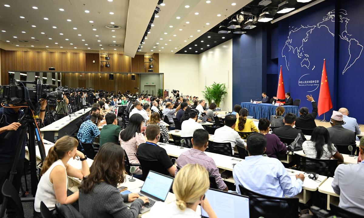Picture shows a press conference held by Chinese Foreign Ministry in Beijing on August 22, 2025, introducing the preparations of the Shanghai Cooperation Organisation (SCO) Summit 2025, which will be held in Tianjin Municipality in North China on August 31 and September 1. Photo: cnsphoto