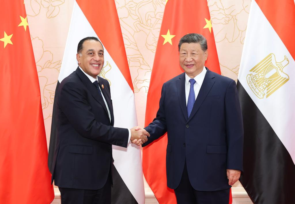 Chinese President Xi Jinping meets with Prime Minister of Egypt Mostafa Madbouly in Tianjin, north China, Aug. 30, 2025. Madbouly is here to attend the Shanghai Cooperation Organization (SCO) Summit 2025. (Xinhua/Huang Jingwen)