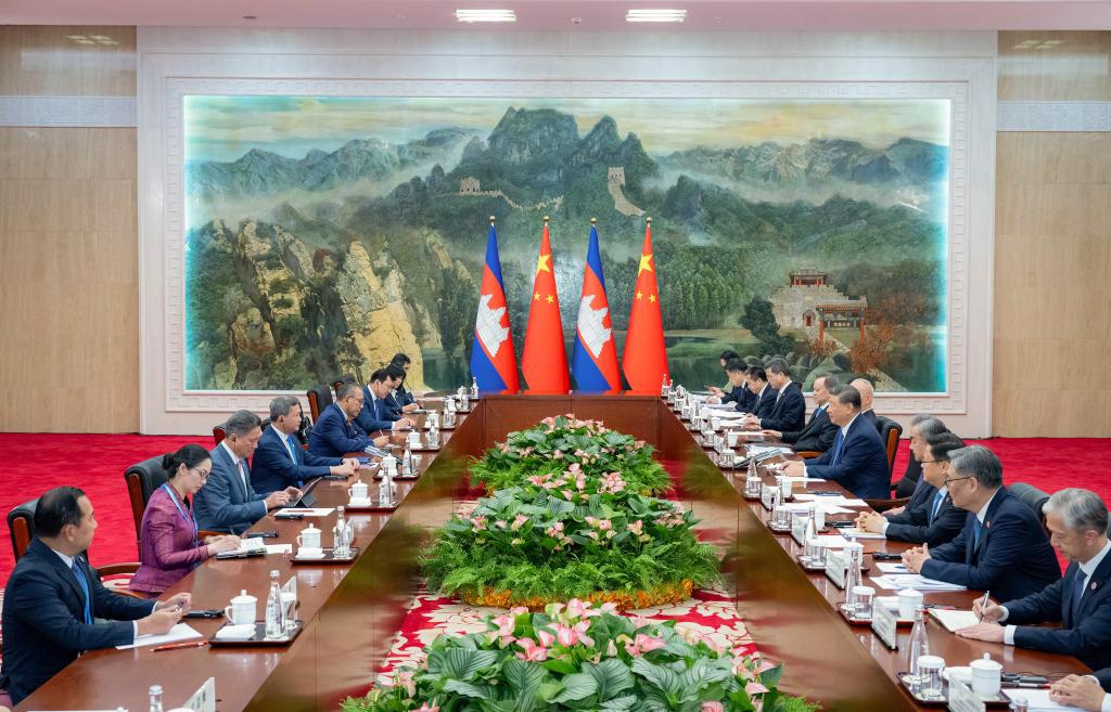 Chinese President Xi Jinping meets with Cambodian Prime Minister Hun Manet in Tianjin, north China, Aug. 30, 2025. Hun Manet is here to attend the Shanghai Cooperation Organization (SCO) Summit 2025. (Xinhua/Zhai Jianlan)