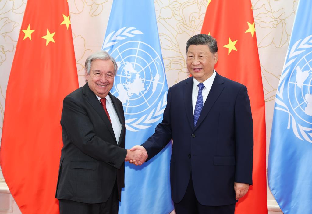 Chinese President Xi Jinping meets with United Nations Secretary-General Antonio Guterres in Tianjin, north China, Aug. 30, 2025. Guterres is here to attend the Shanghai Cooperation Organization (SCO) Summit 2025. (Xinhua/Ding Haitao)