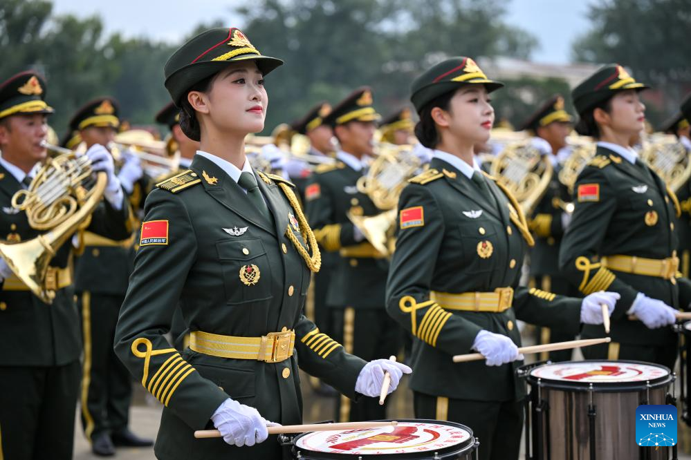 Members of the joint military band of the Chinese People's Liberation Army take part in a training for the upcoming V-Day military parade in Beijing, capital of China, Aug. 12, 2025. Participants are busy preparing for the upcoming V-Day military parade scheduled on Sept. 3 in Tian'anmen Square to mark the 80th anniversary of the victory in the Chinese People's War of Resistance Against Japanese Aggression and the World Anti-Fascist War. (Xinhua/Zhang Cheng)